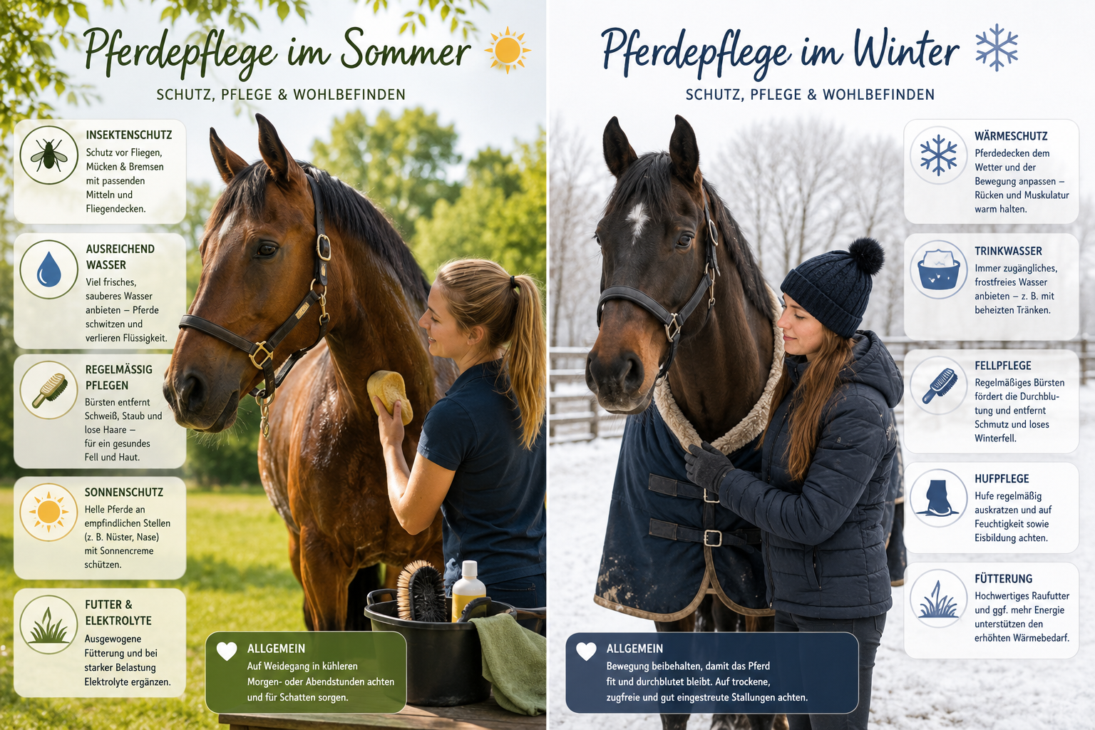 🐴 Pferdepflege im Sommer & Winter – So bleibt dein Pferd das ganze Jahr gesund